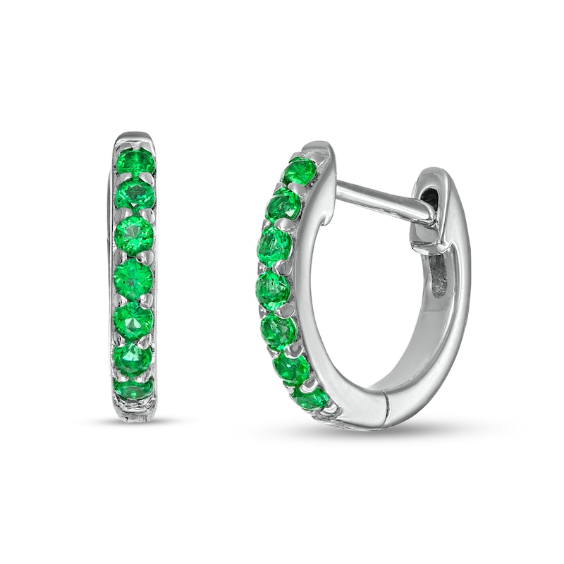 Emerald Huggie Hoop Earrings in 10K White Gold