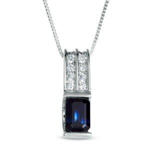Emerald-Cut Blue Sapphire and Diamond Accent "U" Pendant in 14K White Gold|Peoples Jewellers