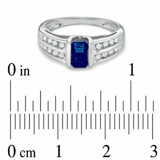 Emerald-Cut Blue Sapphire and 0.15 CT. T.W. Diamond "U" Ring in 14K White Gold|Peoples Jewellers