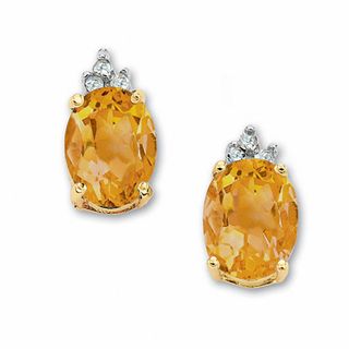 Oval Citrine Earrings in 10K Gold with Tri-Top Diamond Accents|Peoples Jewellers