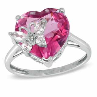 Heart-Shaped Pink Topaz, White Topaz, and Diamond Accent Ring in 10K White Gold|Peoples Jewellers