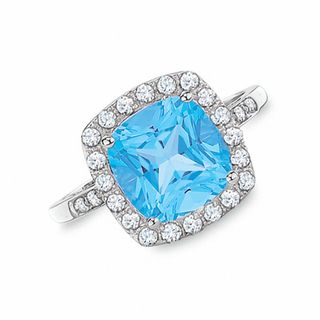Cushion-Cut Blue Topaz and Lab-Created White Sapphire Ring in 10K White Gold with Diamond Accents|Peoples Jewellers