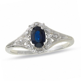 Oval Blue Sapphire Filigree Ring in 10K White Gold with Diamond Accents|Peoples Jewellers