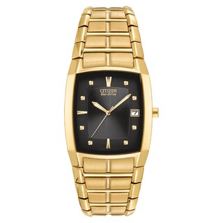 Men's Citizen Eco-Drive® Gold-Tone Watch with Tonneau Black Dial (Model: BM6552-52E)|Peoples Jewellers
