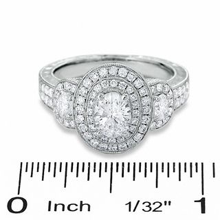 1.50 CT. T.W. Certified Oval Diamond Three Stone Double Frame Ring in 14K White Gold|Peoples Jewellers