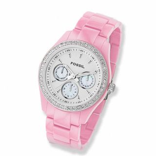 Ladies' Fossil Crystal Accent Pink Resin Watch with White Dial (Model: ES2206)|Peoples Jewellers