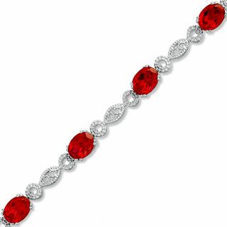 Oval Lab-Created Ruby with Diamond Accent Bracelet in Sterling Silver - 7.25"|Peoples Jewellers