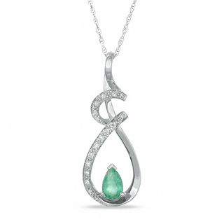 Pear-Shaped Emerald and 0.10 CT. T.W. Diamond Swirl Drop Pendant in 14K White Gold|Peoples Jewellers