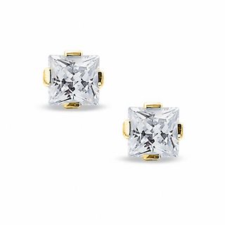5.0mm Princess-Cut Lab-Created White Sapphire Stud Earrings in Sterling Silver with 14K Gold Plate|Peoples Jewellers