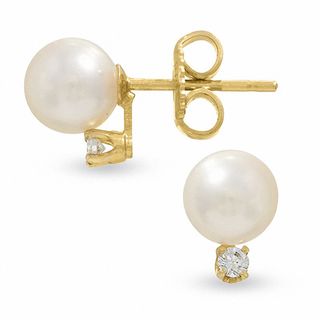 Honora 6.0mm Freshwater Cultured Pearl and Diamond Accent Stud Earrings in 14K Gold|Peoples Jewellers