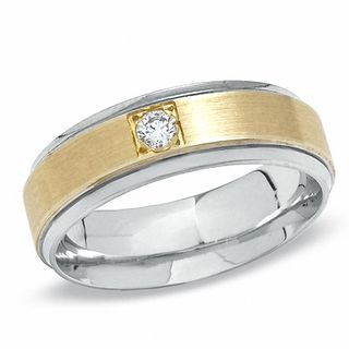 Ladies' Diamond Solitaire Accent Wedding Band in 10K Two-Tone Gold - Size 7|Peoples Jewellers