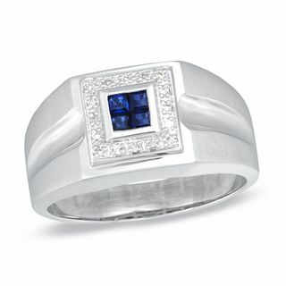 Men's Square Quad Blue Sapphire and Diamond Accent Ring in 10K White Gold|Peoples Jewellers