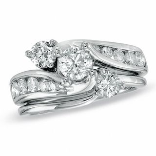 1.50 CT. T.W. Diamond Three Stone Slant Bridal Set in 14K White Gold|Peoples Jewellers