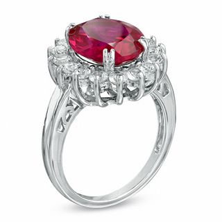Oval Lab-Created Ruby and White Sapphire Frame Ring in Sterling Silver|Peoples Jewellers