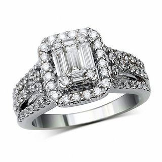 1.25 CT. T.W. Baguette and Round Diamond Frame Engagement Ring in 14K White Gold|Peoples Jewellers