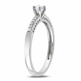 Lab-Created White Sapphire Solitaire and Diamond Accent Promise Ring in Sterling Silver|Peoples Jewellers