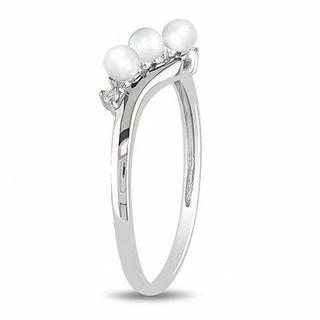 3.0-3.5mm Freshwater Cultured Pearl and Diamond Accent Three Stone Slant Ring in 10K White Gold|Peoples Jewellers