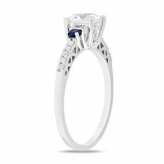 Lab-Created White and Blue Sapphire Three Stone Ring with 0.10 CT. T.W Diamonds in 10K White Gold|Peoples Jewellers
