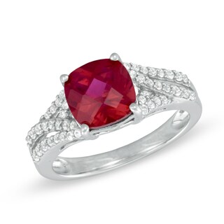 8.0mm Cushion-Cut Lab-Created Ruby and White Sapphire Ring in Sterling Silver|Peoples Jewellers