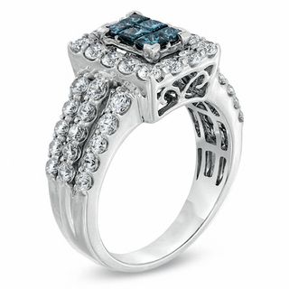 2.00 CT. T.W. Enhanced Blue Composite Princess-Cut and White Diamond Rectangular Frame Ring in 14K White Gold|Peoples Jewellers