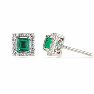 Princess-Cut Lab-Created Emerald and 0.12 CT. T.W Diamond Earrings in 10K White Gold|Peoples Jewellers