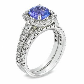 Certified Cushion-Cut Tanzanite and 1.45 CT. T.W. Diamond Bridal Set in 14K White Gold|Peoples Jewellers