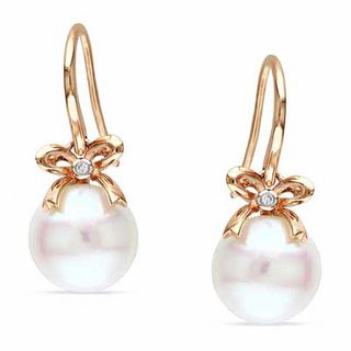 10.5-11.0mm Freshwater Cultured Pearl and Diamond Accent Bow Earrings in 10K Rose Gold|Peoples Jewellers
