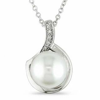 9.0-10.0mm Button Freshwater Cultured Pearl and Diamond Accent Pendant in Sterling Silver|Peoples Jewellers