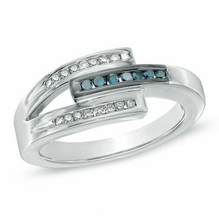 0.20 CT. T.W. Enhanced Blue and White Diamond Triple Row Ring in Sterling Silver|Peoples Jewellers