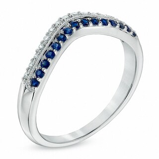 0.10 CT. T.W. Diamond and Blue Sapphire Vintage-Style Contour Wedding Band in 14K White Gold|Peoples Jewellers