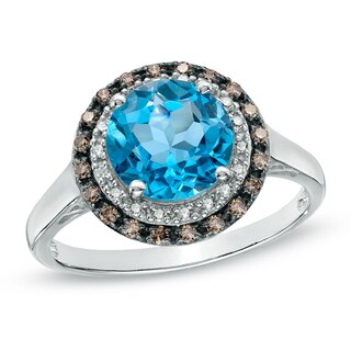 8.0mm Swiss Blue Topaz and 0.19 CT. T.W. Enhanced Champagne and White Diamond Ring in 10K White Gold|Peoples Jewellers