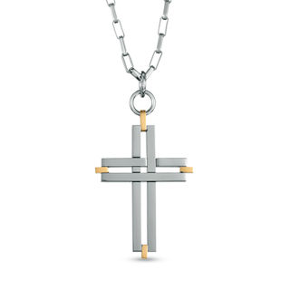 Men's Cross Pendant in Two-Tone Stainless Steel - 24"|Peoples Jewellers