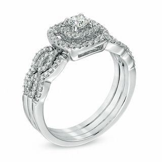 0.62 CT. T.W. Diamond Double Frame Three Piece Bridal Set in 10K White Gold|Peoples Jewellers