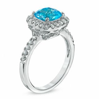 7.0mm Cushion-Cut Swiss Blue Topaz and Lab-Created White Sapphire Ring in Sterling Silver|Peoples Jewellers