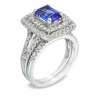 Emerald-Cut Tanzanite and 0.84 CT. T.W. Diamond Bridal Set in 14K White Gold|Peoples Jewellers