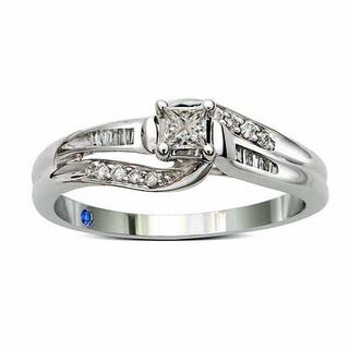 Princess-Cut Blue Sapphire and 0.06 CT. T.W. Diamond Three Stone Promise Ring in 10K White Gold|Peoples Jewellers
