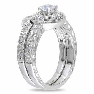 Lab-Created White Sapphire and 0.09 CT. T.W. Diamond Fashion Ring Set in Sterling Silver|Peoples Jewellers
