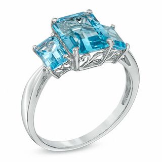 Emerald-Cut Swiss Blue Topaz Three Stone Ring in 10K White Gold|Peoples Jewellers