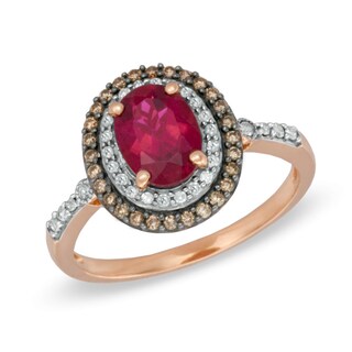Oval Rubellite and 0.22 CT. T.W. Enhanced Champagne and White Diamond Frame Ring in 10K Rose Gold|Peoples Jewellers
