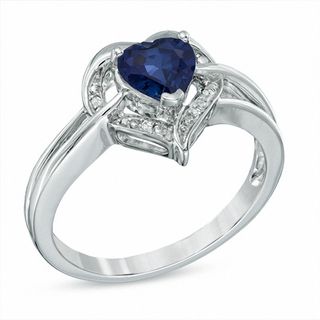 6.0mm Heart-Shaped Lab-Created Sapphire and Diamond Accent Ring in Sterling Silver|Peoples Jewellers