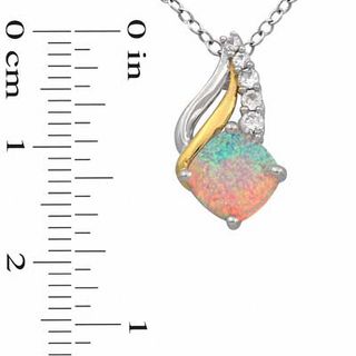 7.0mm Cushion-Cut Lab-Created Opal and White Sapphire Pendant and Earrings Set in Sterling Silver and 14K Gold Plate|Peoples Jewellers