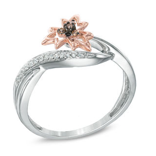 Enhanced Champagne and White Diamond Accent Maple Leaf Ring in Sterling Silver and 10K Rose Gold|Peoples Jewellers
