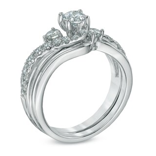 1.00 CT. T.W. Diamond Three Stone Slant Bridal Set in 14K White Gold|Peoples Jewellers