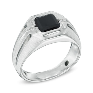 Men's 8.0mm Octagonal Onyx and Diamond Accent Comfort Fit Ring in Sterling Silver|Peoples Jewellers