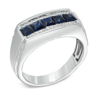 Men's Square-Cut Blue Sapphire and 0.12 CT. T.W. Diamond Ring in 10K White Gold|Peoples Jewellers