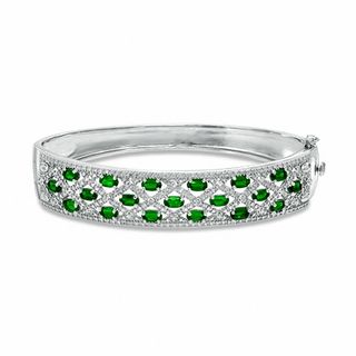 Oval Lab-Created Emerald and Diamond Accent Bangle in Sterling Silver - 7.25"|Peoples Jewellers