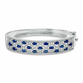 Oval Lab-Created Blue Sapphire and Diamond Accent Bangle in Sterling Silver - 7.25"|Peoples Jewellers