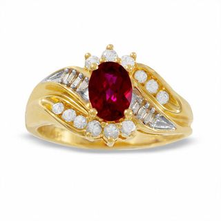 Oval Lab-Created Ruby, White Sapphire and Diamond Accent Ring in 10K Gold|Peoples Jewellers