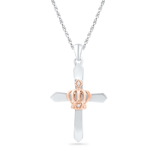 Diamond Accent Cross with Crown Pendant in Sterling Silver and 10K Rose Gold|Peoples Jewellers