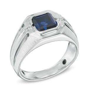 Men's 8.0mm Octagonal Lab-Created Blue Sapphire and Diamond Accent Ring in Sterling Silver|Peoples Jewellers